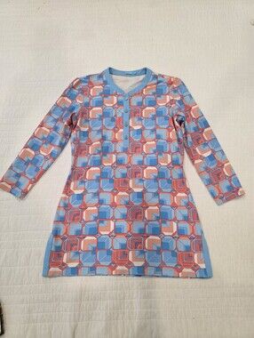 J McLaughlin Henley 3/4 Sleeve Geometric Tunic Pullover Top Size S Blue & Pink